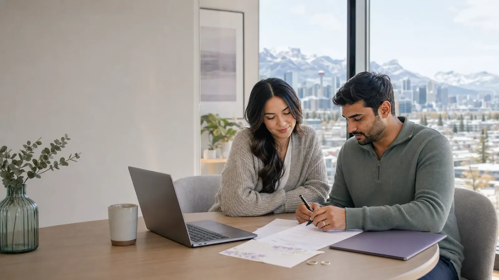 Engaged couple reviewing an Alberta prenup draft in a Calgary home with the Rockies visible through the window
