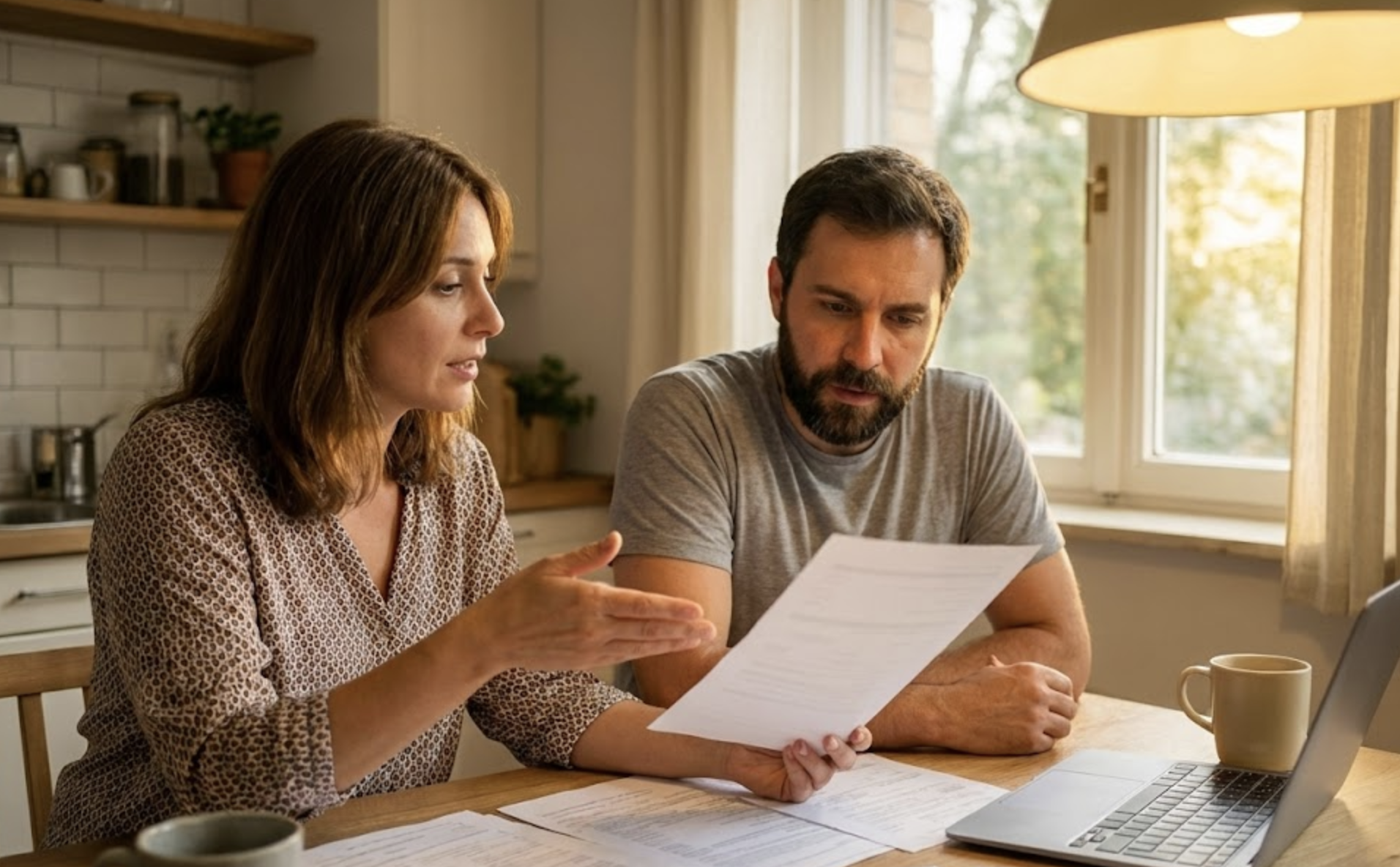 Couple reviewing paperwork beside a laptop at a kitchen table