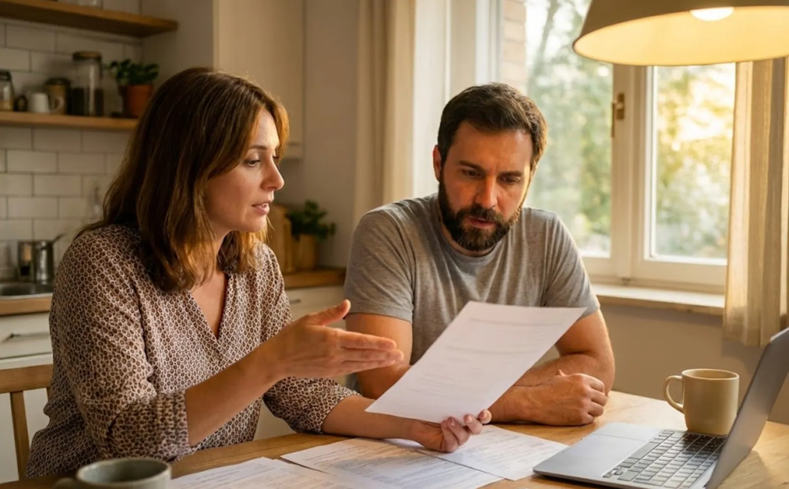 Couple reviewing paperwork beside a laptop at a kitchen table