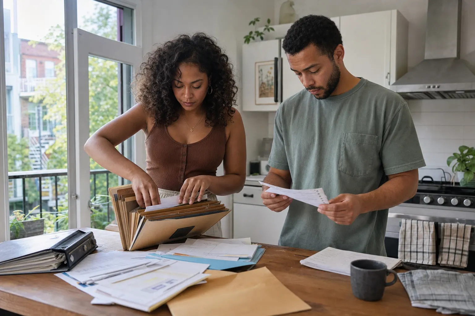 Engaged Quebec couple organizing property, account, business, and debt records into a tabbed folder before meeting a notary