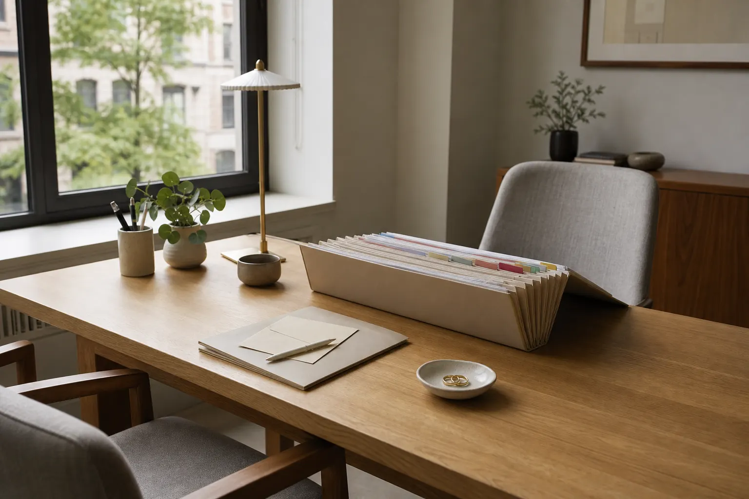 Prepared Montreal notary office with two client chairs, an organized document folder, and wedding rings ready for a Quebec marriage contract appointment