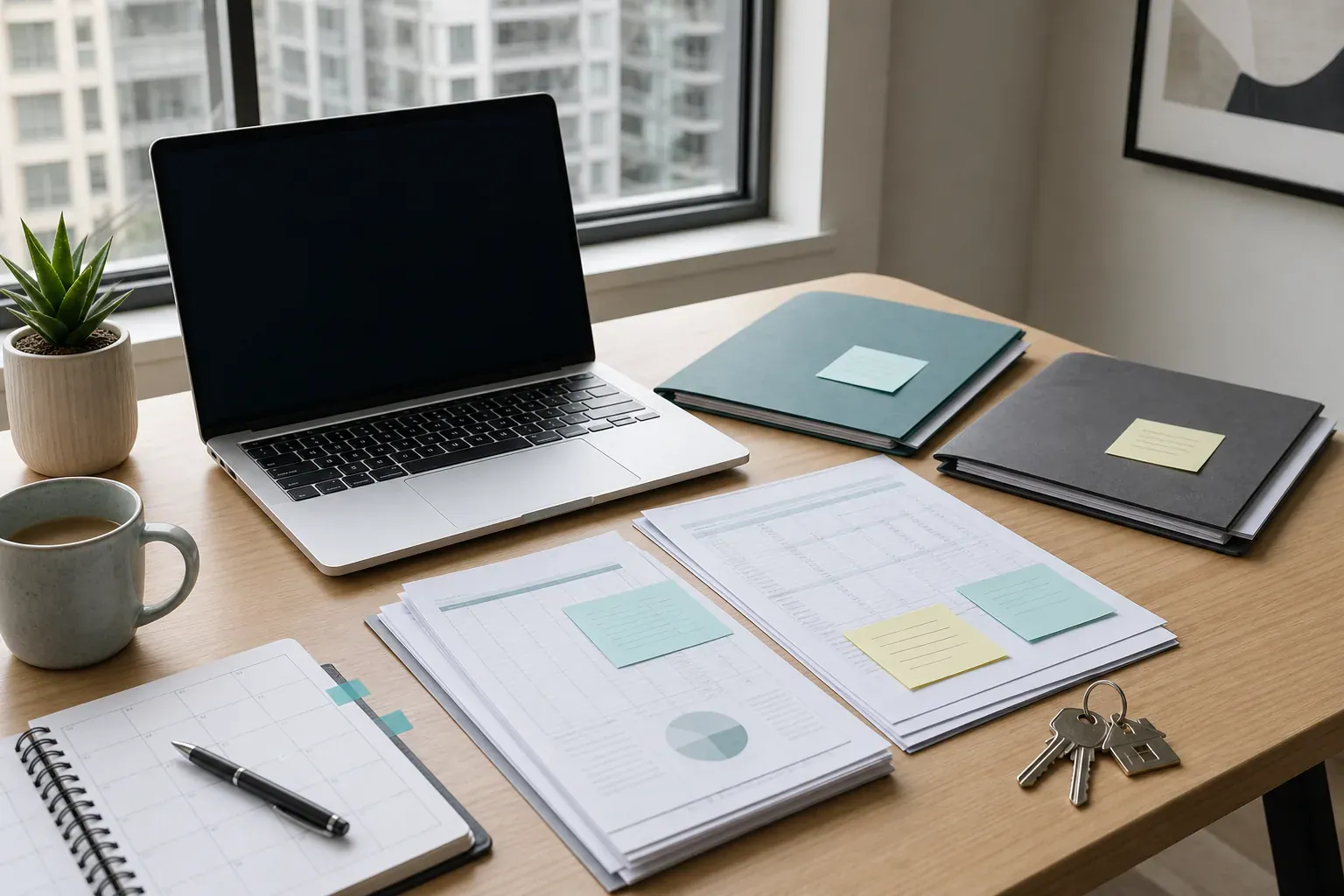 Organized home office desk with income folders, calendar, laptop, and house keys for spousal support planning
