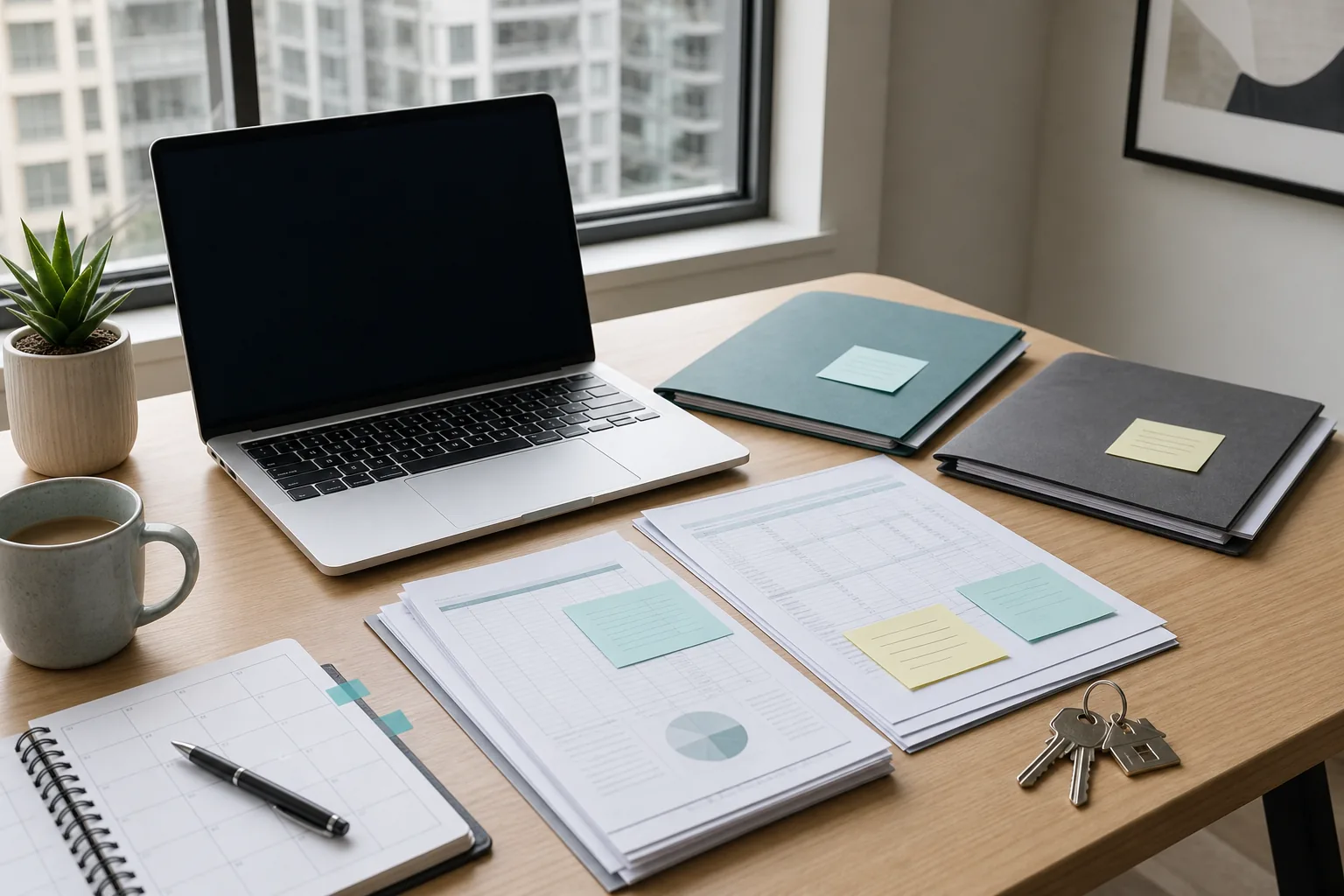 Organized home office desk with income folders, calendar, laptop, and house keys for spousal support planning
