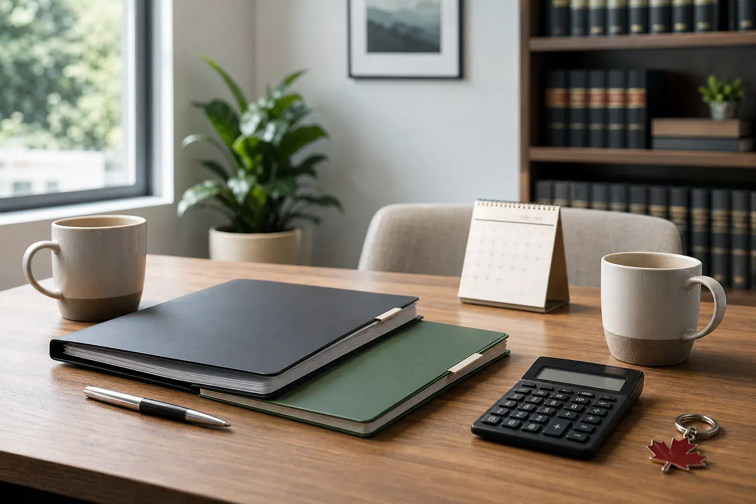 Canadian law office table with folders, calculator, calendar, mugs, and maple leaf keychain for spousal support agreement planning