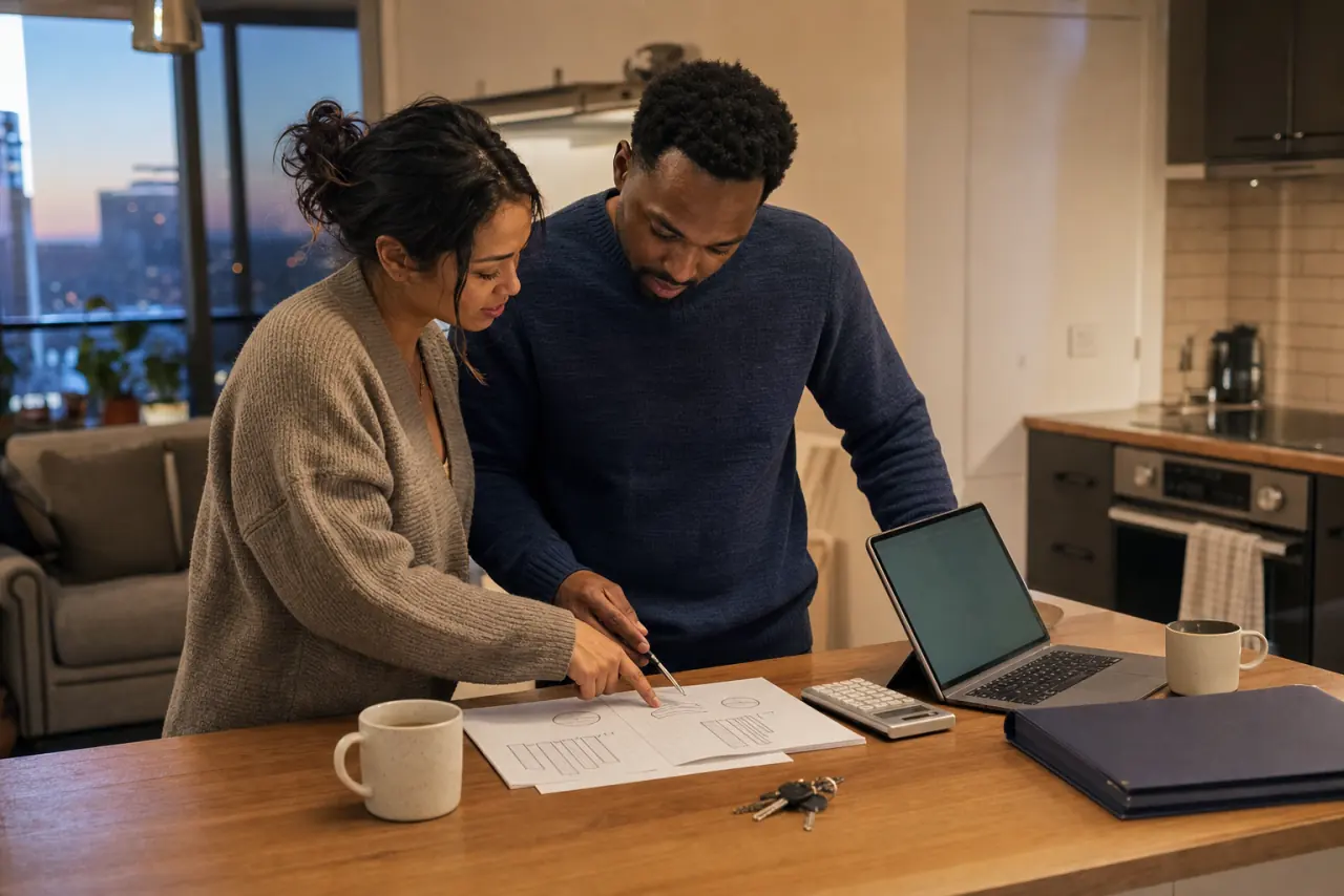 Couple calmly comparing home equity models and unequal contributions before buying a home