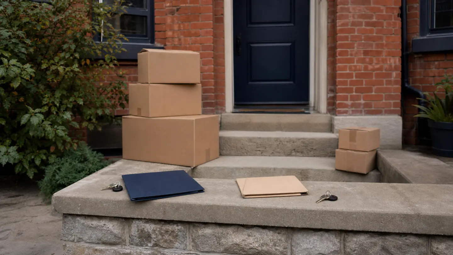 Two unequal stacks of moving boxes, separate document folders, and two sets of keys outside a Canadian townhouse