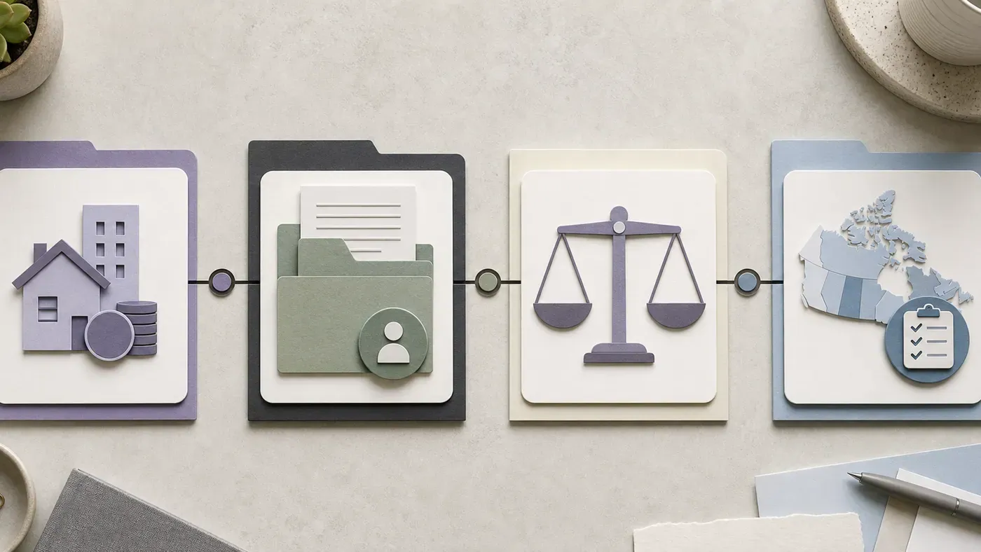 Diagram of four prenup clause review filters for assets, disclosure, fairness, and province-specific signing rules