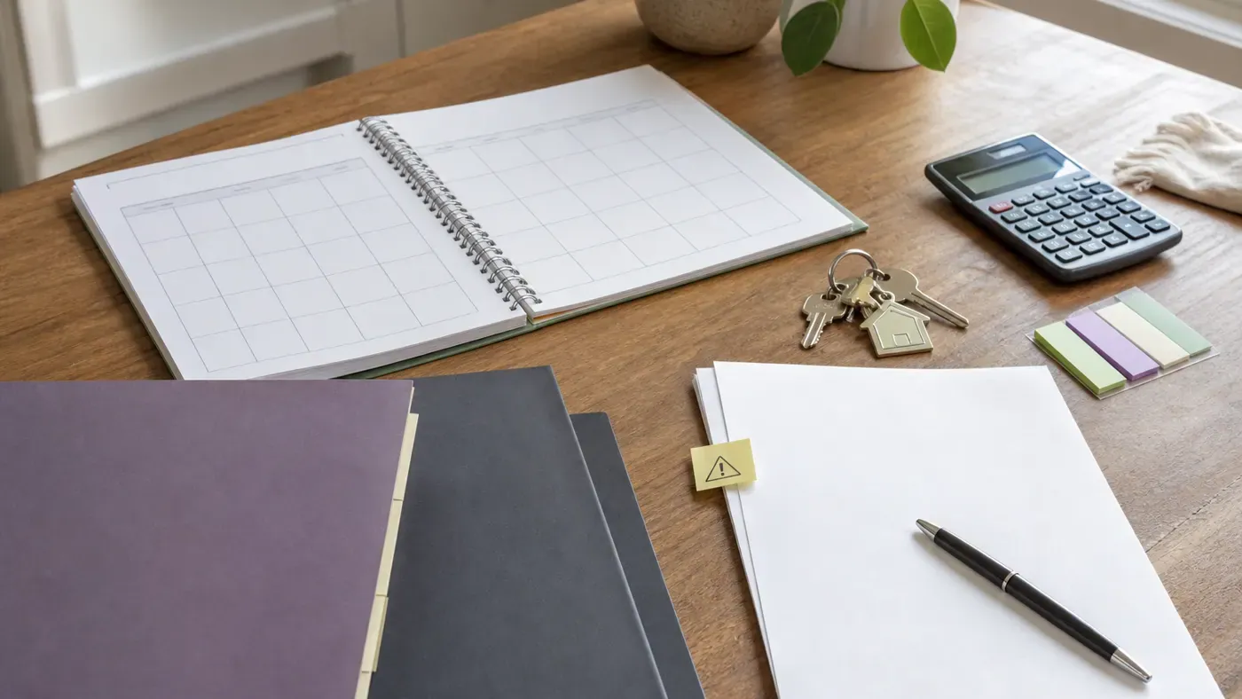 Blank planning calendar, folders, keys, calculator, and a caution sticky note for reviewing prenup clauses before signing