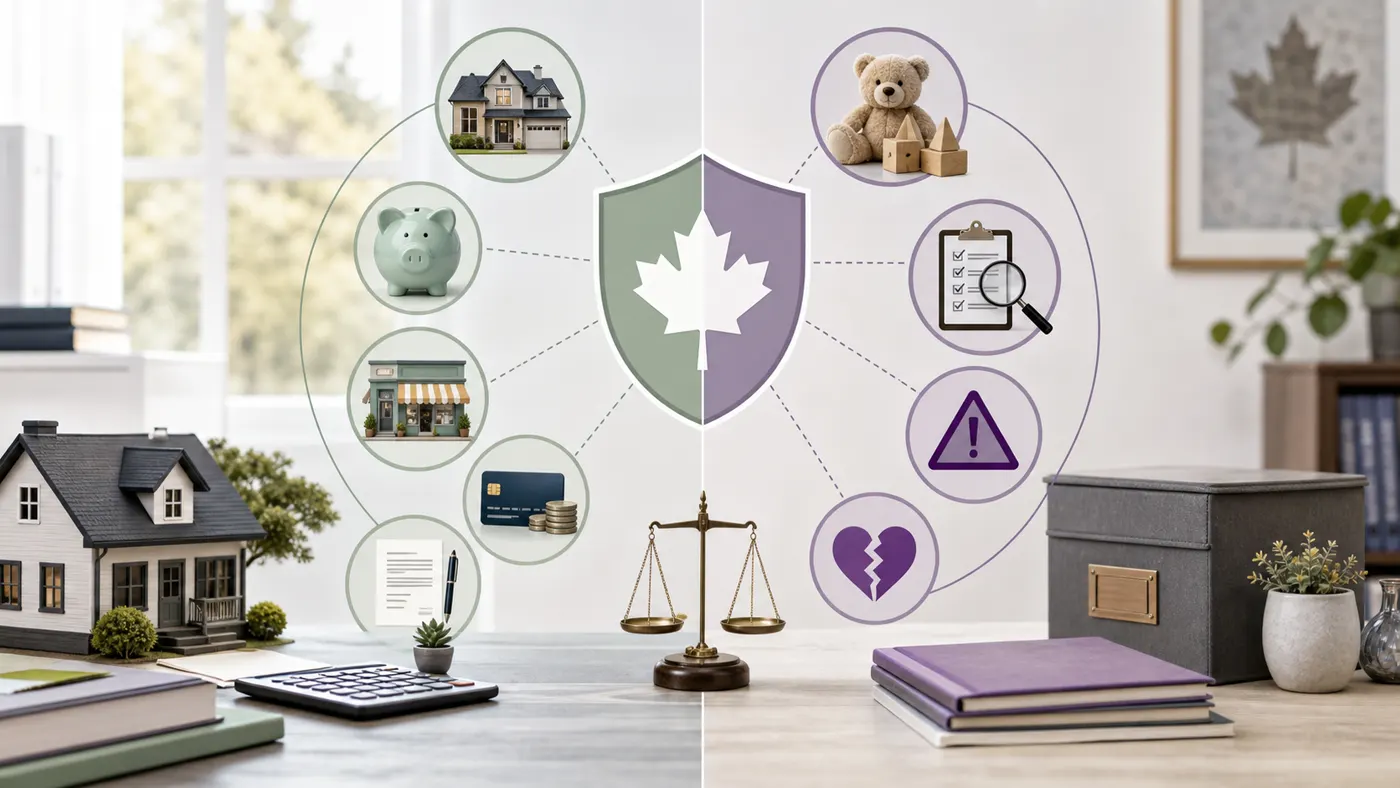 Split comparison visual of permitted financial prenup topics and risky child or fairness clauses in Canada