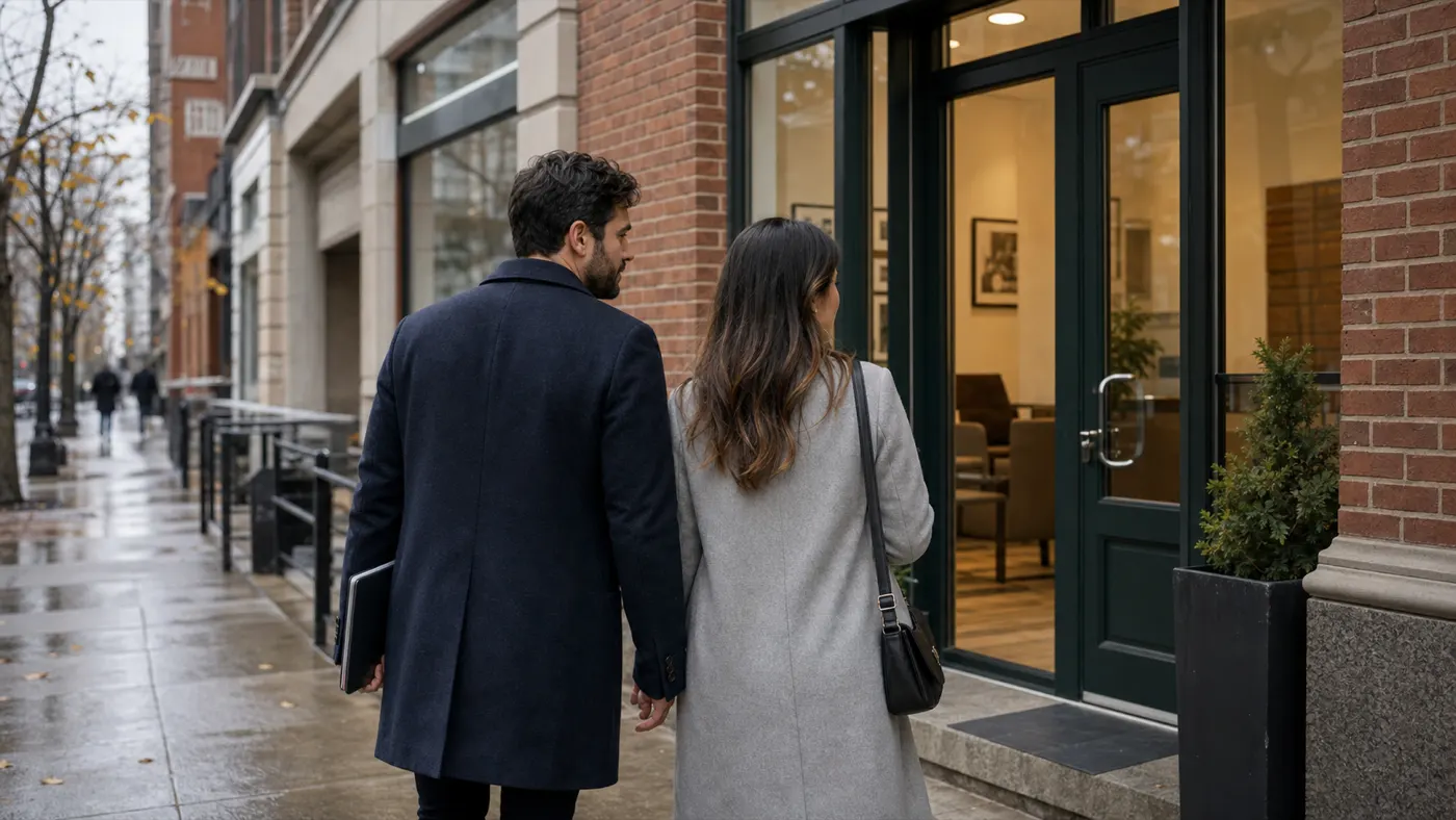 Couple walking into a small Canadian law office to discuss a prenuptial agreement
