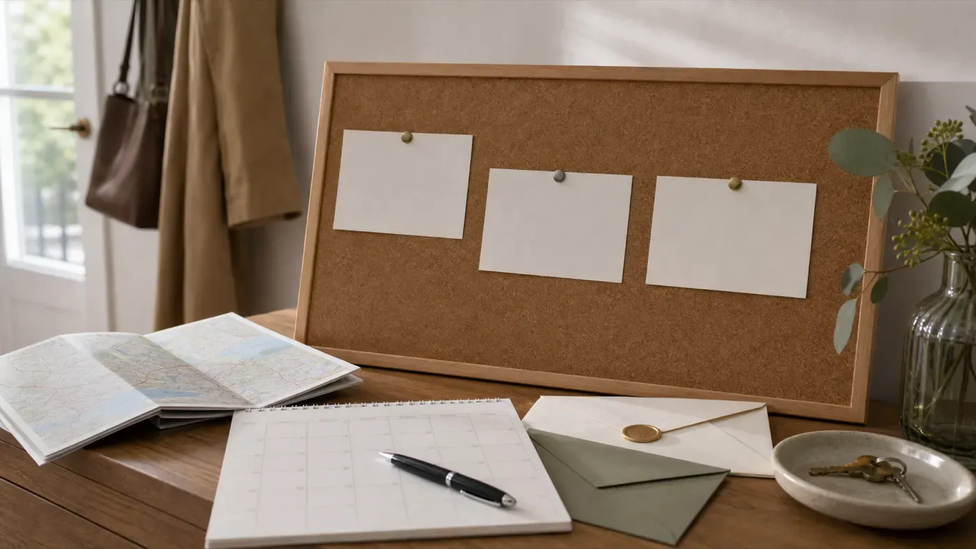 Blank planning cards, a map, calendar, and keys representing prenup route planning