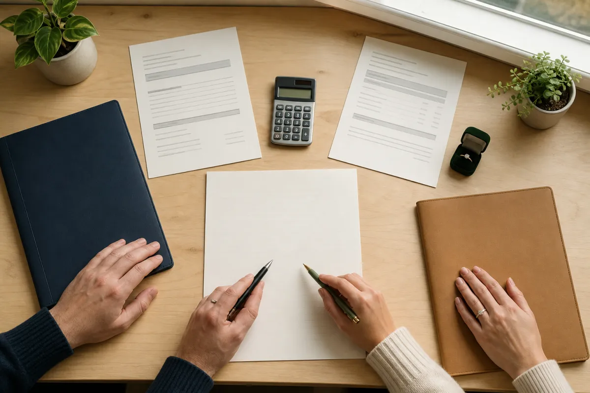 Engaged couple comparing a shared prenup budget with two separate legal folders and a calculator