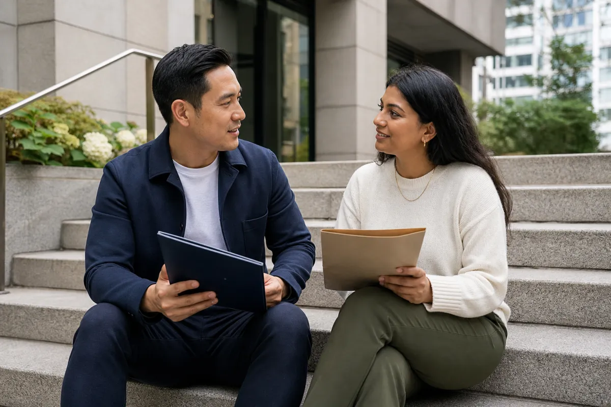 Engaged Canadian couple discussing prenup costs outside a downtown family law office