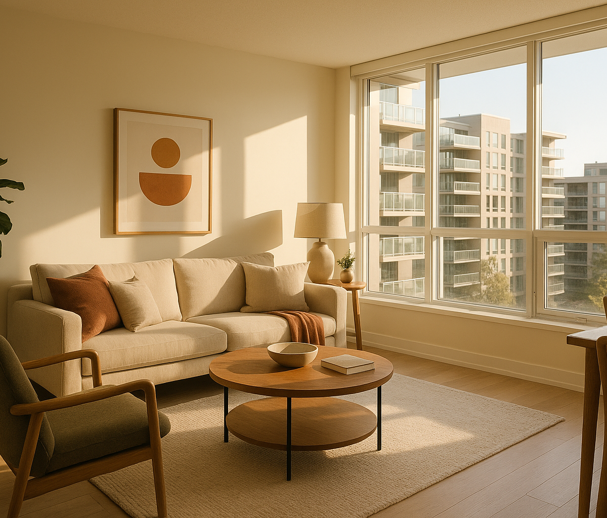 Sunlit modern Canadian condo living room representing shared property in a common-law relationship